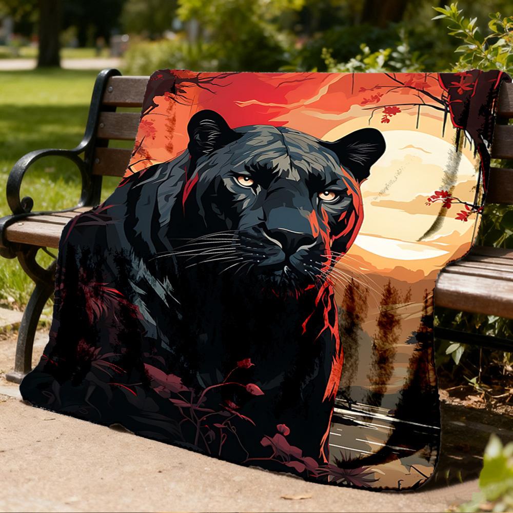 1pc Panther Sunset Jungle Throw Blanket Polyester Fiber, Lightweight Flannel, Soft & Warm, All Season Use for Outdoor, Camping Digital Print
