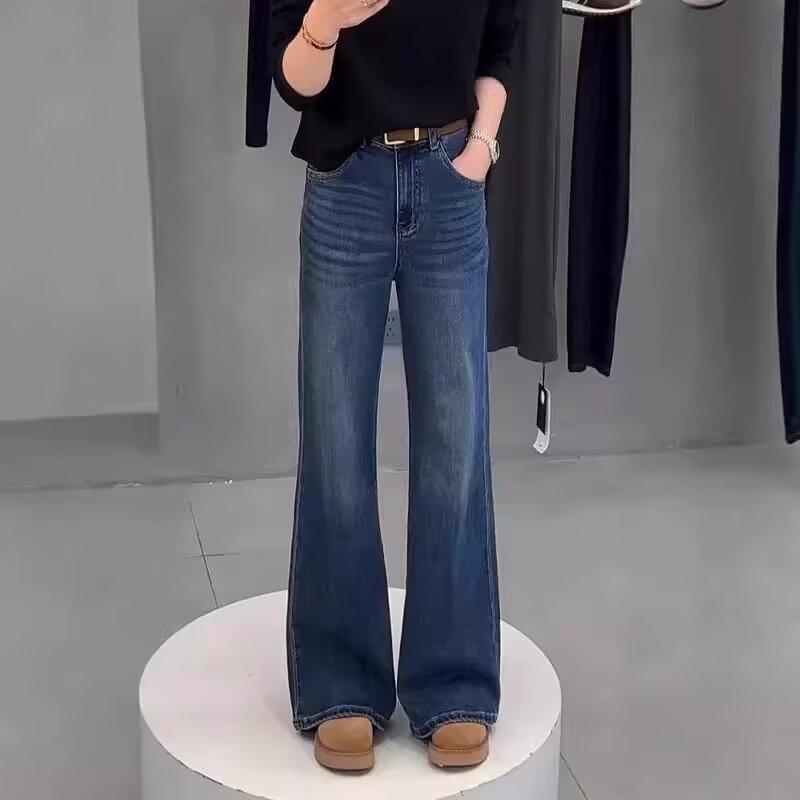 

Джинсы клеш стрейч с высокой талией больших размеров для женщин - Осень 2024, моделирующие бедра, широкие брюки в пол 5XL синий