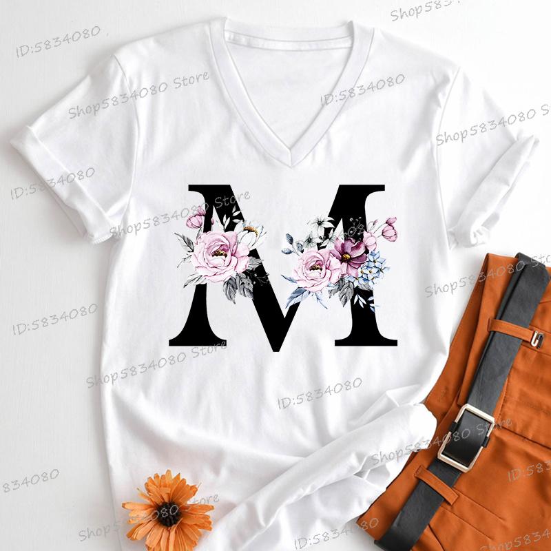 Vintage Flower Alphabet Womens Clothing Letter M Floral Monogram Graphic T Shirts Women AZ 26 Alphabet Gift Shirt for Women