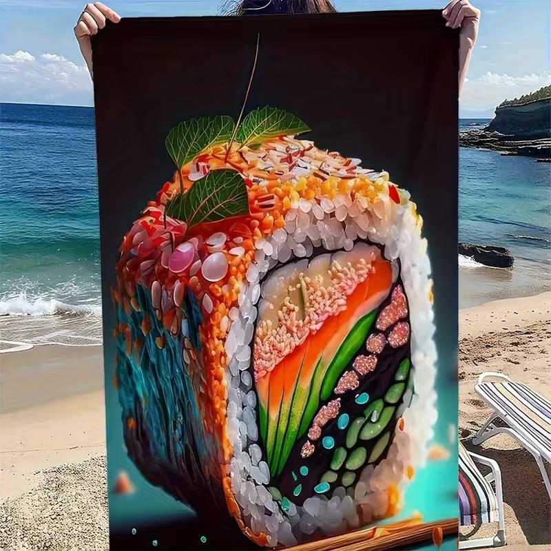 Artistic Sushi Roll Beach Towel Food-Themed Large Quick-Drying Towel Vivid Watercolor Sushi Pattern for Summer Beach