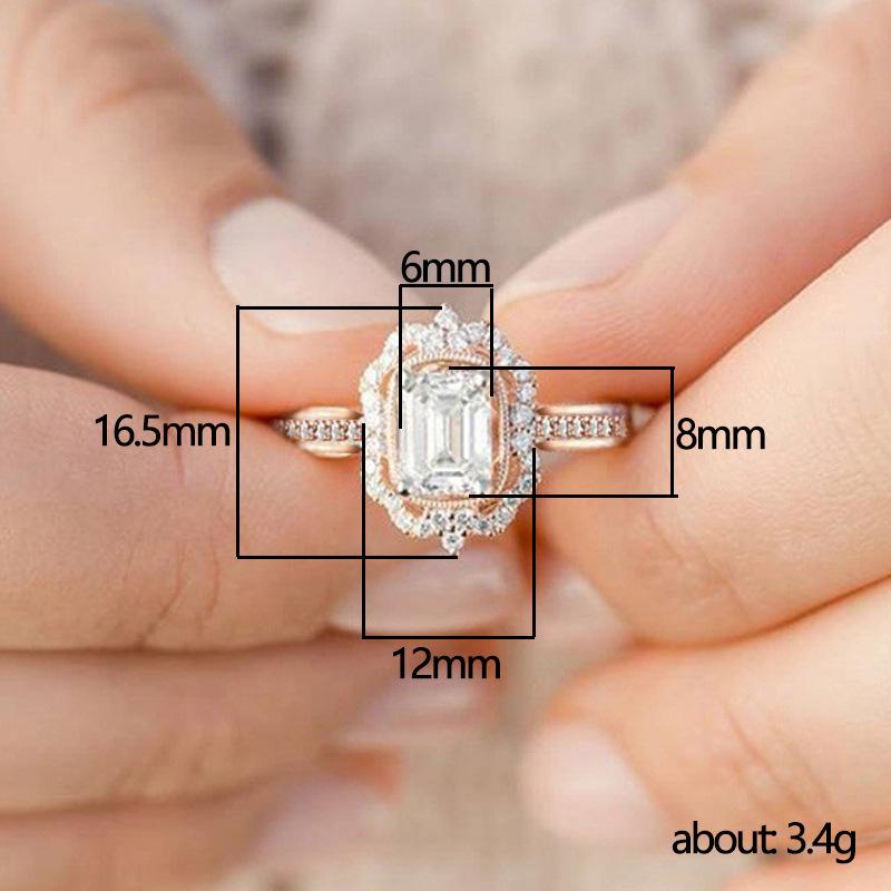 Copper-Plated Rose Gold Zircon Square Diamond Princess Ring, Fashionable Engagement Jewelry
