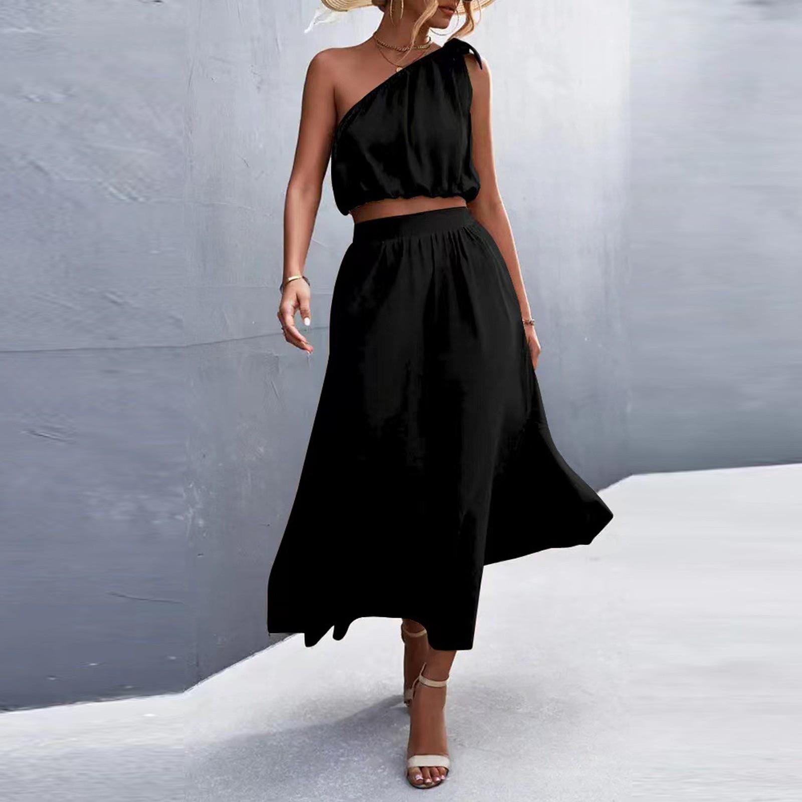 

Женский летний цветной комплект из двух предметов: платье с открытым плечом и бантом, свободное платье S чёрный