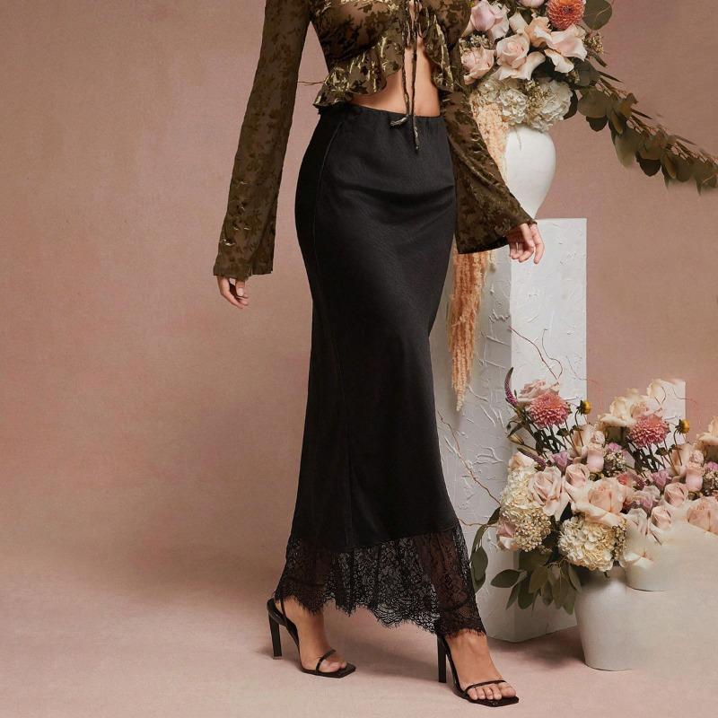 Elegant Lace Splicing Black Satin Skirt New Fashion Elegant Loose Slim Fit Casual Party Skirts Female Spring Summer Sweet Office Women's Clothing