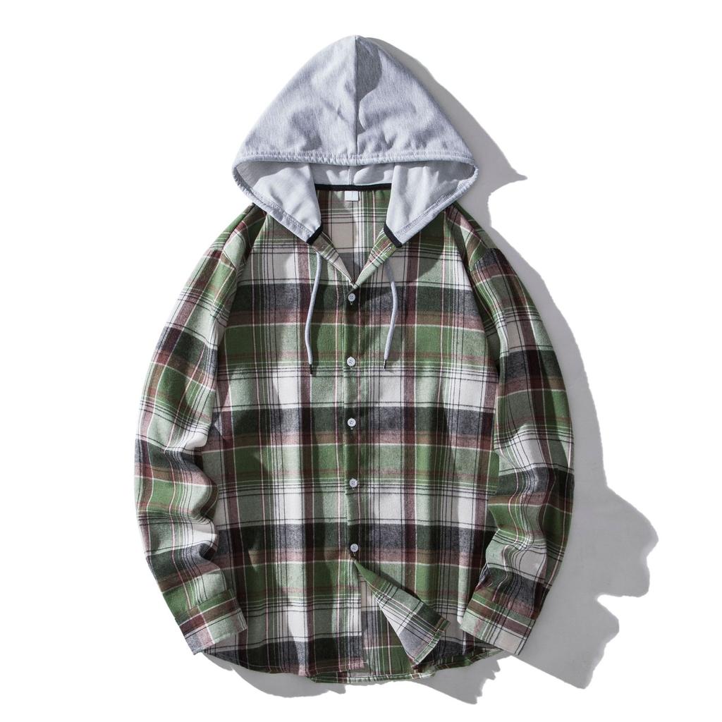 Spring Autumn Men's Checkered Hooded Shirt Man Casual Loose Button Up Plaid Shirts