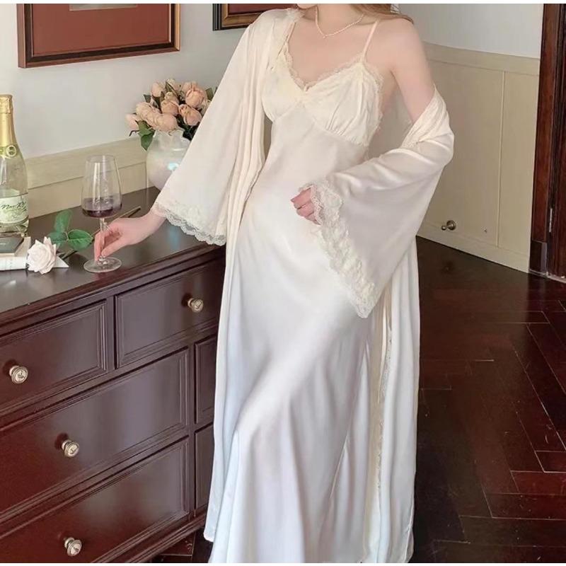 French Sexy Pure Desire Pajamas Temperament Ice Silk Suspender Women's Nightdress Set Summer Long Women's Chest Pad Two-piece Set