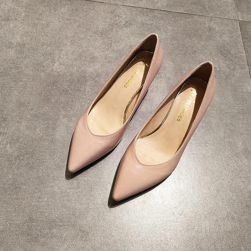 Fashion Korean All Match Fashion Work Shoes Woman Pointed Toe Shallow Brief Office Ladies Pumps Slip On Solid Leather Thin High Heels