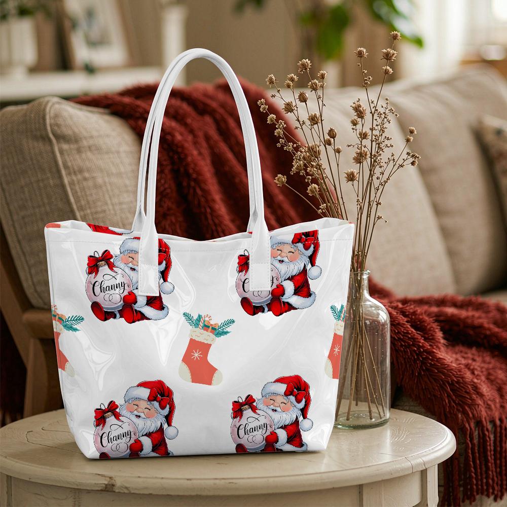 Christmas Santa Stocking Print Portable Tote Bag Casual Daily Carry Bag for Women Festive Handbag