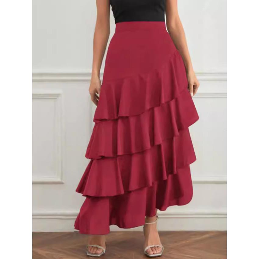 Qooth Spring Summer New High Waist Slimming Irregular Skirt Elegant Temperament Lotus Leaf Edge Mid-Length Skirt QT2509