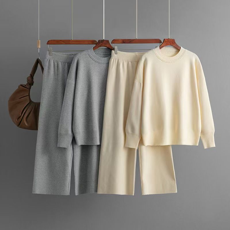 Fashion Fashion Pure Color Knitting Sweater Loose Pants Suit Knited Sweater and Pants Set