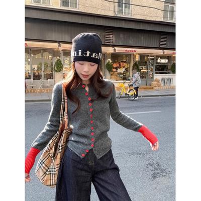 Contrasting Color Retro Chic Knitted Cardigan Women's Autumn and Winter Slim and Thin Single-breasted Fashion Sweater Jacket Top