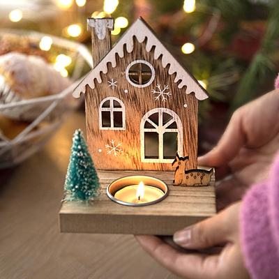 Christmas Candlestick Santa Claus Decoration Elk Nordic Style Creative Wooden House Desktop Candle Holder Decorative Ornaments