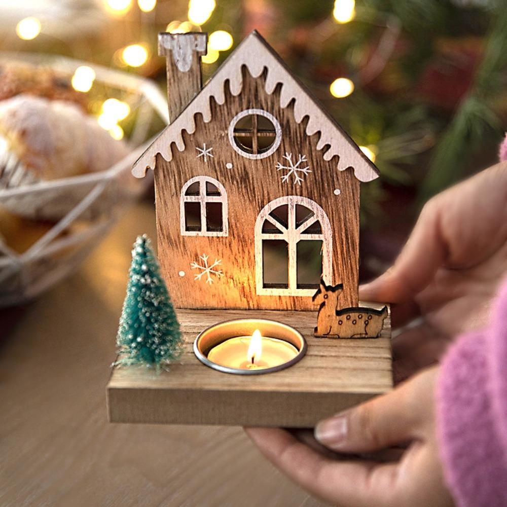 Christmas Candlestick Santa Claus Decoration Elk Nordic Style Creative Wooden House Desktop Candle Holder Decorative Ornaments
