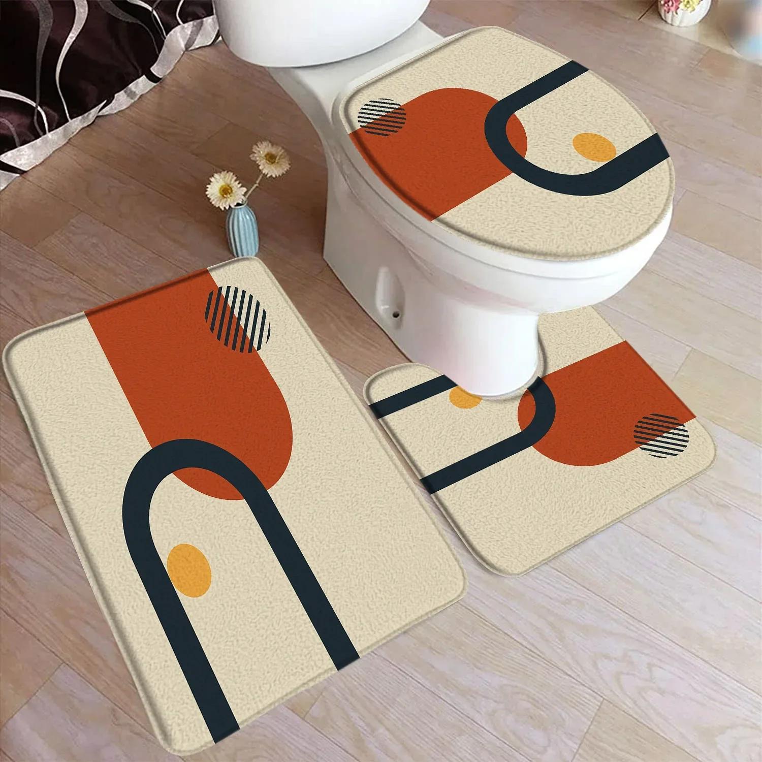 

Abstract Mid Century Bath Mat Set Black Line Green Leaf Modern Geometric Boho Home Carpet Bathroom Decor Floor Rugs Toilet Cover 45x75cm-17.7x29.5in
