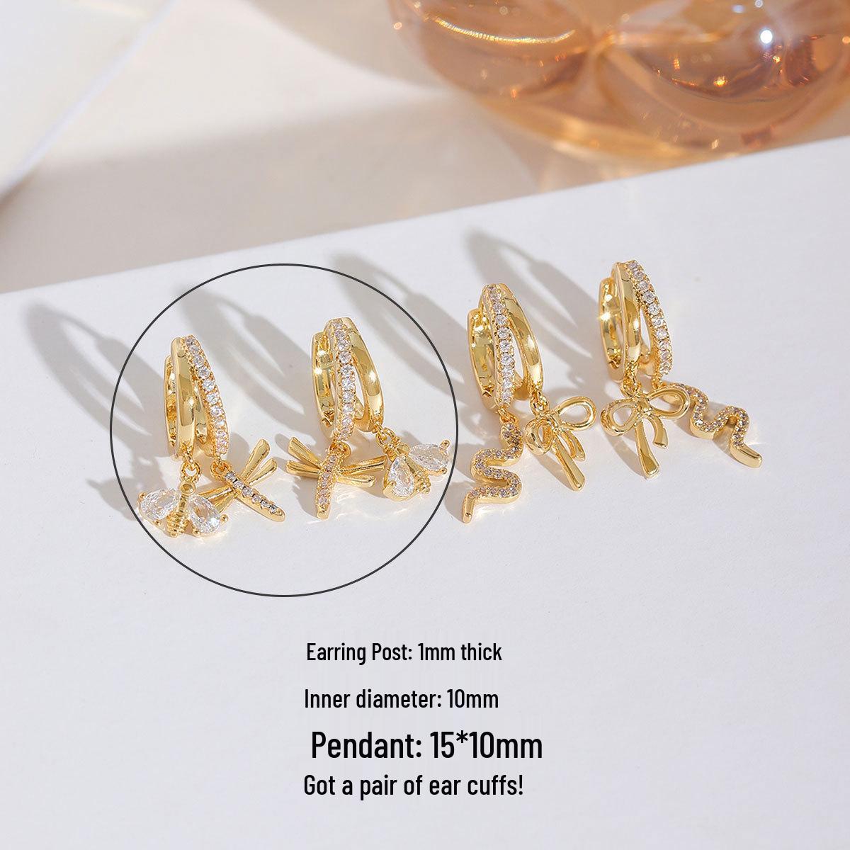 Copper-Plated Gold Butterfly  Small Snake Zirconia Earrings – High-End Design Real Gold Plated, Long-lasting Color