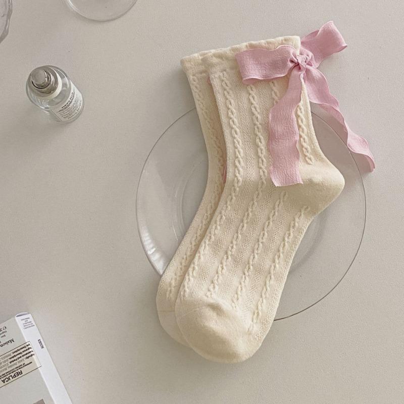 Women's Spring and Summer New Ribbon Bow Breathable Ballet Wind Tube Pile Socks