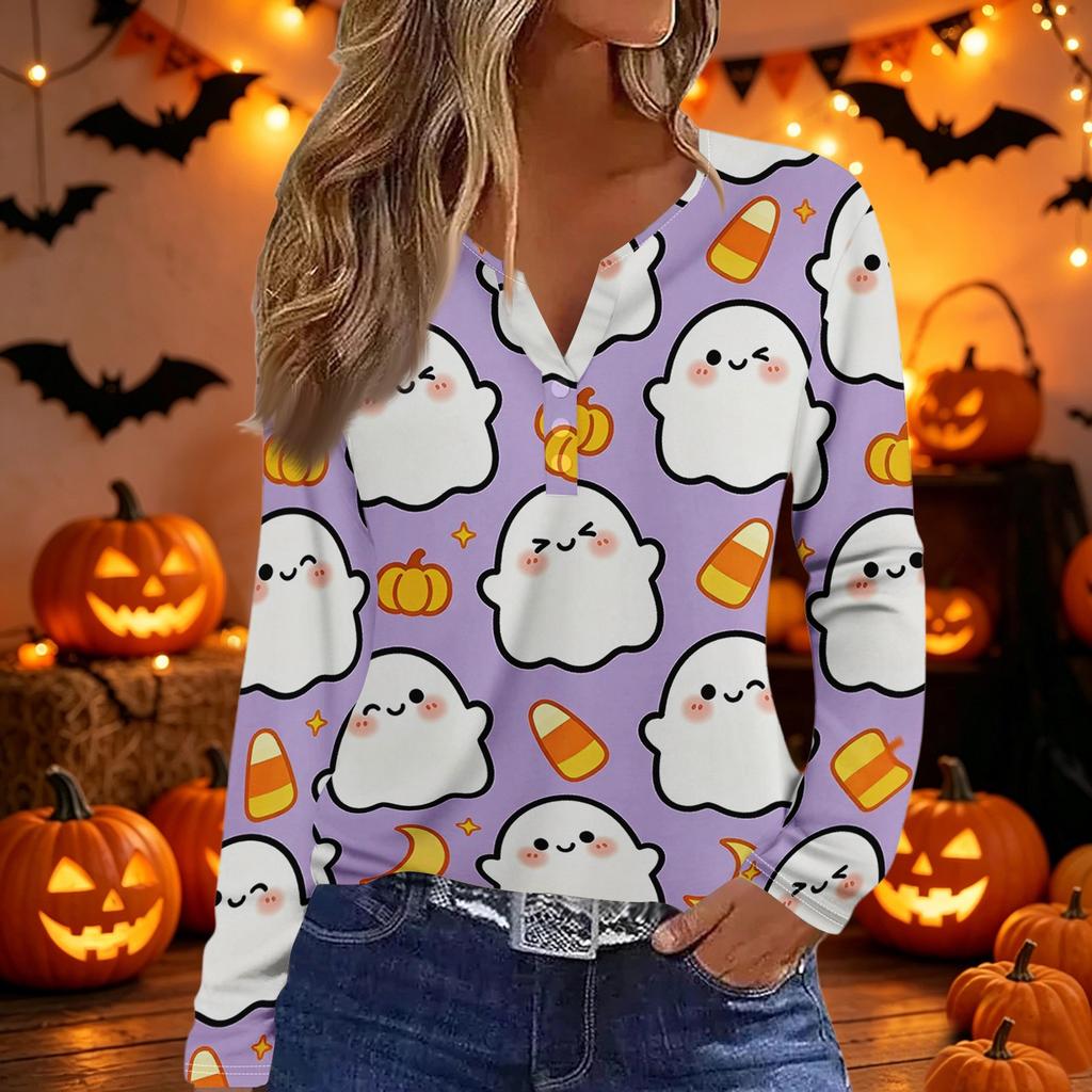 Women's Fashion Casual Halloween Print V Neck Decorative Button Long Sleeve T Shirt Top Lightweight Comfortable Fit