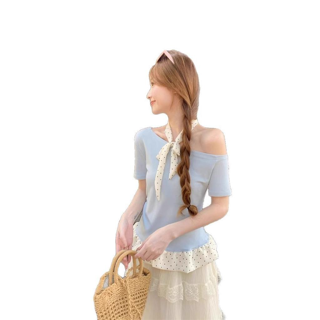 Summer slanted shoulder short-sleeved front shoulder versatile and thin top women's sweet and fresh hem polka dot ruffle edge design T-shirt