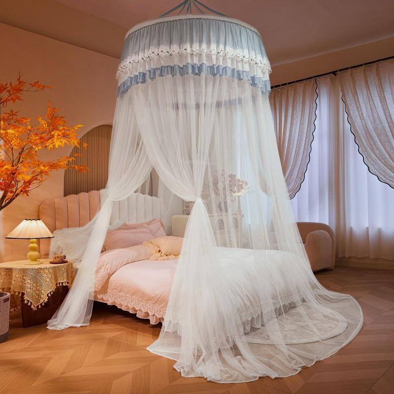 Round Canopy Mosquito Net Bed No-Drill Ceiling Hanging Floor-Standing Heavy-Duty Mesh Single Door Modern Minimalist Design 120x200cm bed