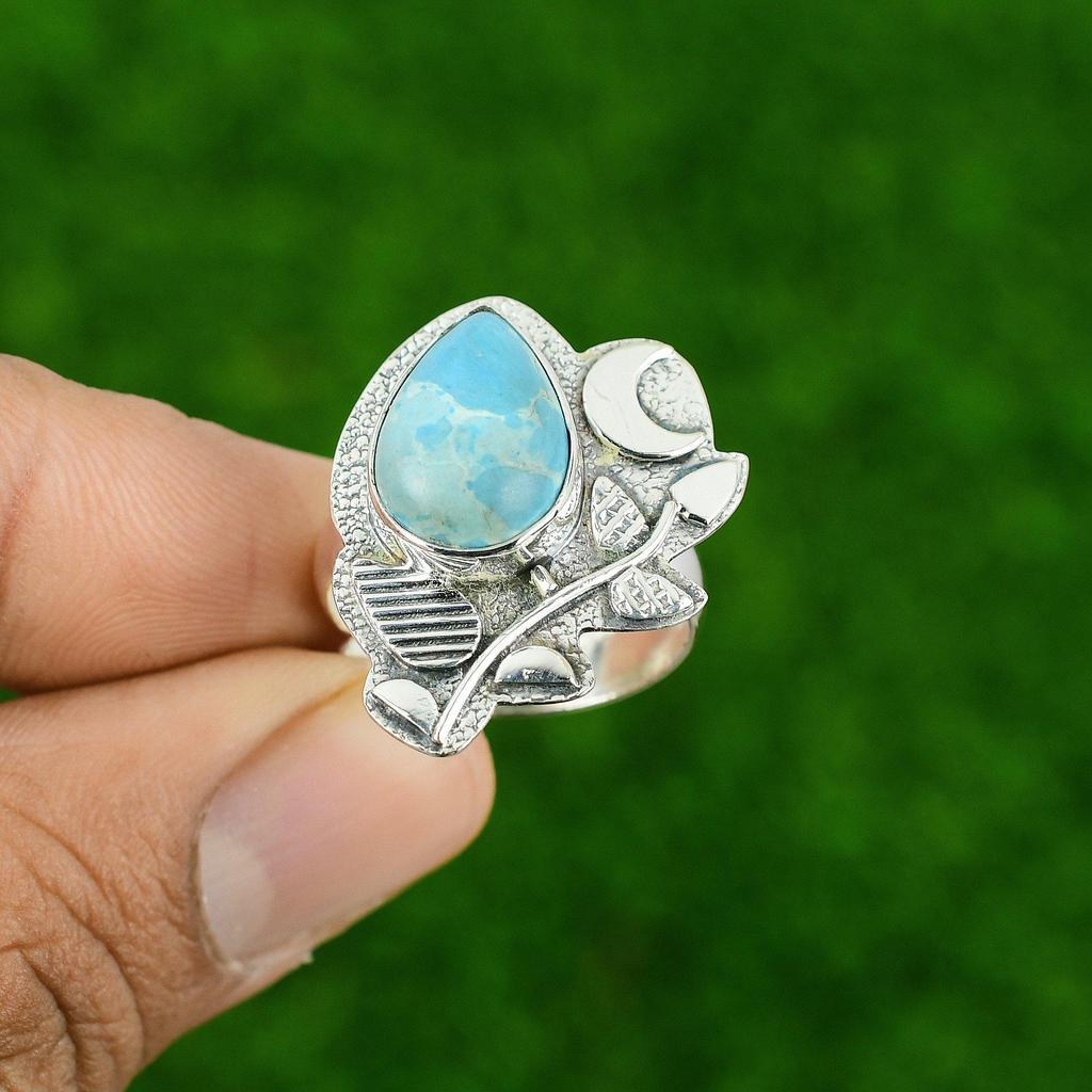 925 Sterling Silver Pear Sleeping Beauty Turquoise Gemstone Bezel Stackable Ring