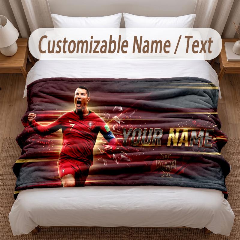 Cristiano Ronaldo Printed Flannel Blanket Custom Name Text Soft Warm Throw For Bedroom Holiday Gift