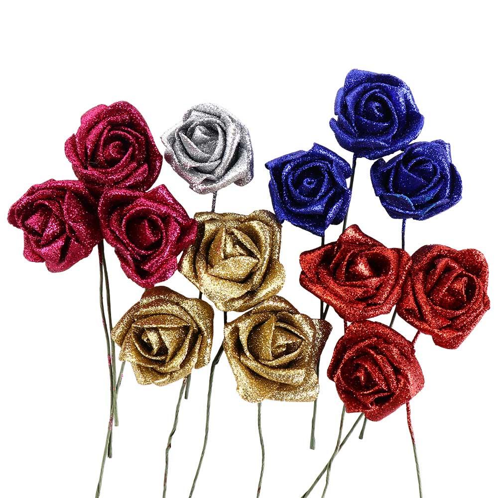 10pcs with Glitter Powder Wedding Party Decor Bride Bouquet Artificial Roses Decoration Artificial Flowers Foam Roses