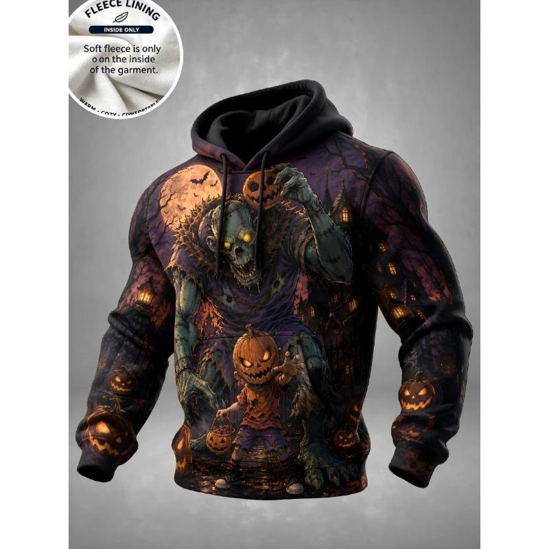 3D Print Halloween Fleece Hoodie Monster Pumpkin Kid Haunted House Full Print Pullover Long Sleeve Kangaroo Pocket Sweatshirt