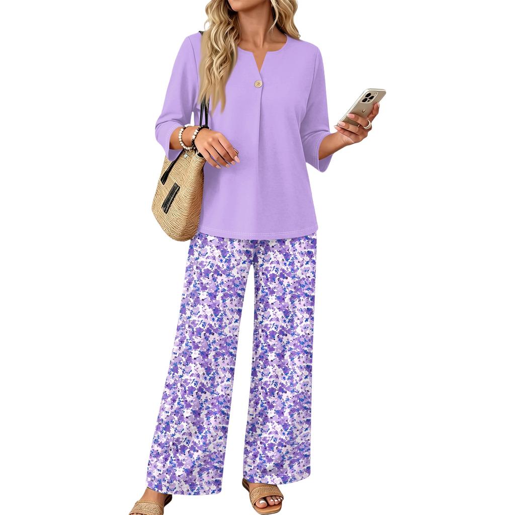 Women Casual Button Front Top with Three Quarter Sleeves and Printed Wide Leg Pants Two Piece Set Lightweight Comfortable Outfit