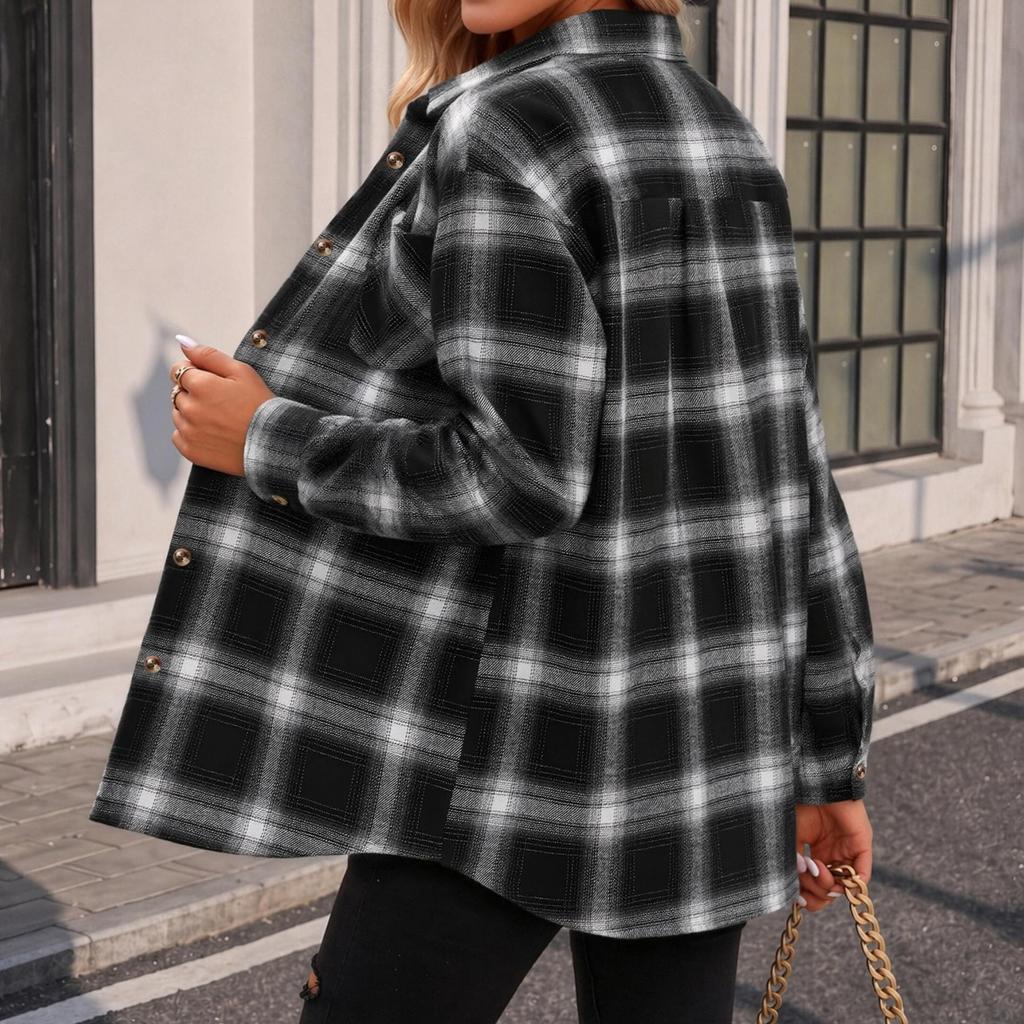 Dames Casual Geruite Openvallende Lange Mouwen Shirtjas met Kraag