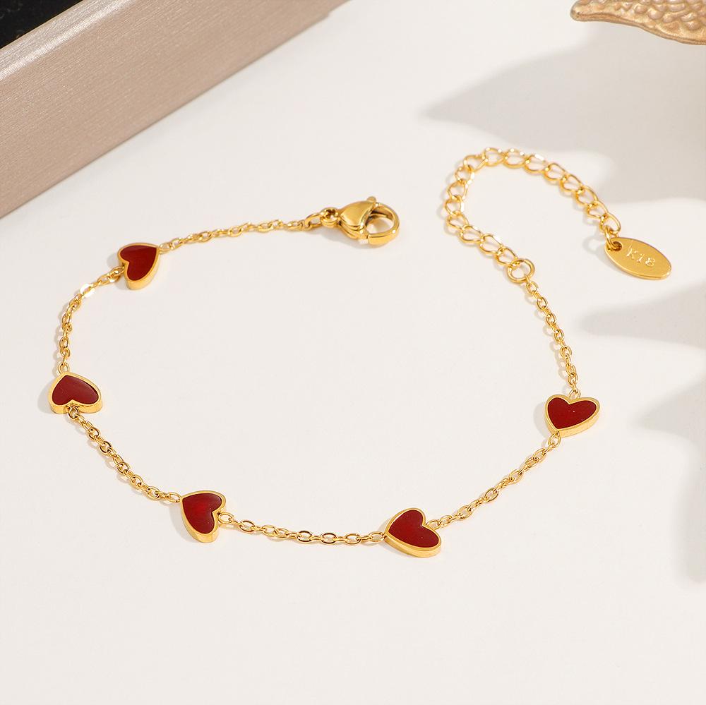 Women's 18K Gold-Plated Wine Red Heart Bracelet, Titanium Steel, French Design