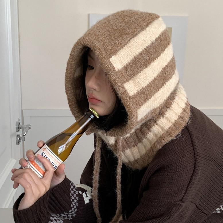 

Полосатая балаклава женская осенне-зимняя холодная и теплая шарф интегрированная вязаная шерстяная шапка большой обхват головы универсальная Adult average size хаки