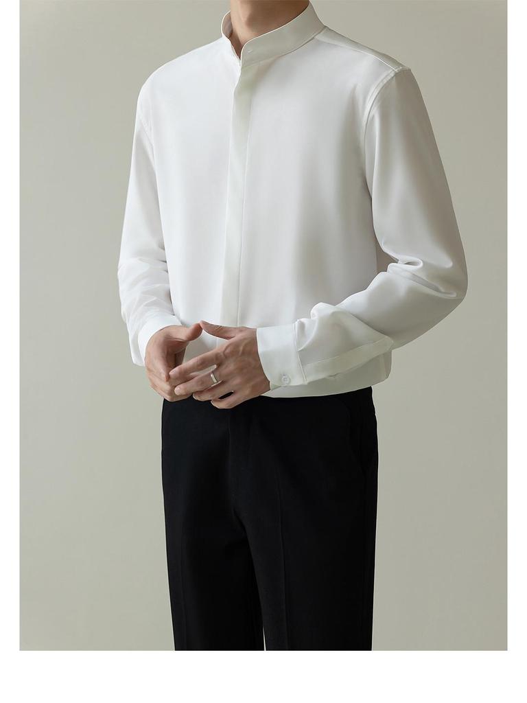 Men's Autumn Light Mature Style Non-Iron Slim-Fit Korean Ice Silk Long-Sleeved Shirt