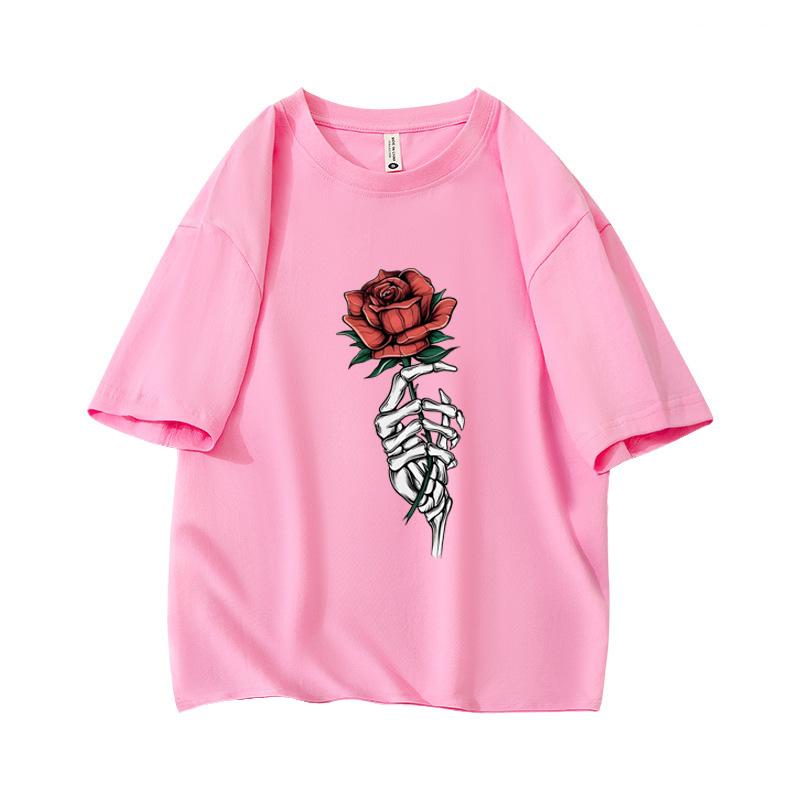 

Gothic Dark Rose Skeleton Hand Oversized Short Sleeve O Neck T Shirt Graphic Print 100 Cotton Vintage Women Tops clothes Summer L