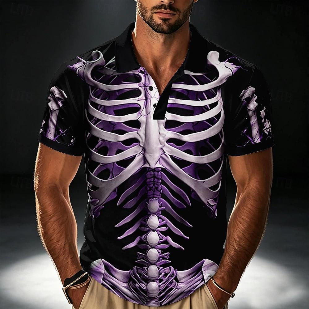 Men Halloween Skeleton 3D Printed Short‑Sleeve Collared Polo Shirt Buttons Casual Athleisure Spring Summer Daily Festival Outfit