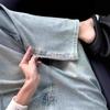 Womens High Waist Straight Leg Jeans Light Blue Washed Denim Pants With Shiny Rhinestones Slim Wide Trousers