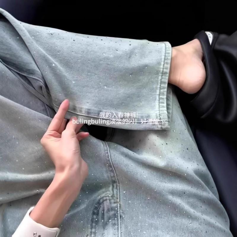 Womens High Waist Straight Leg Jeans Light Blue Washed Denim Pants With Shiny Rhinestones Slim Wide Trousers