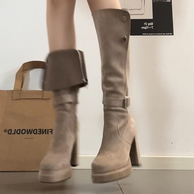 Dámské módní boty na dva způsoby nošení podzim a zima 2025 retro všestranné silný podpatek britský styl vysoký podpatek jezdecké boty módní boty vlna