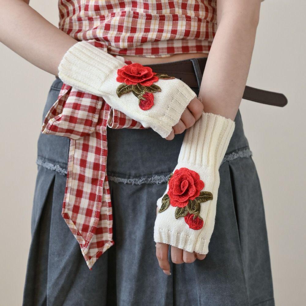 Vintage Embroidery Knitted Gloves Floral Fingerless Gloves Cute Crochet Flower Mittens Outdoor