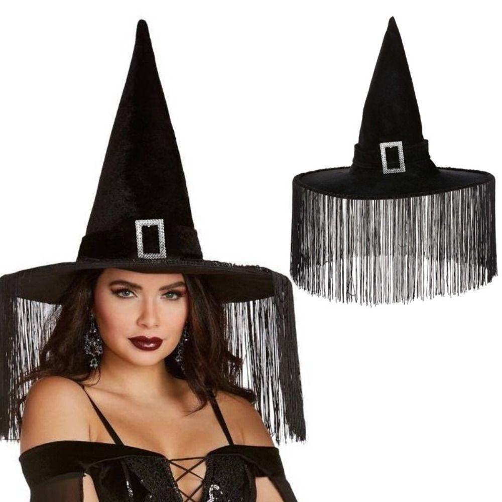 Black Halloween Witch Hats Lace Tassel Wizard Cap Portable Performance Props