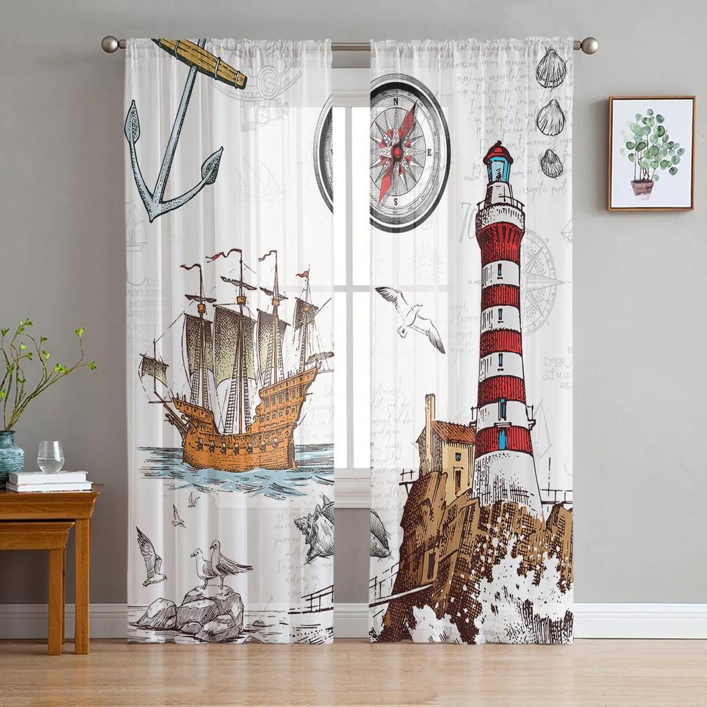 Nautical Octopus Retro Tulle Curtains For Living Room Sheer Curtain For Bedroom Kitchen Blinds Voile Curtains