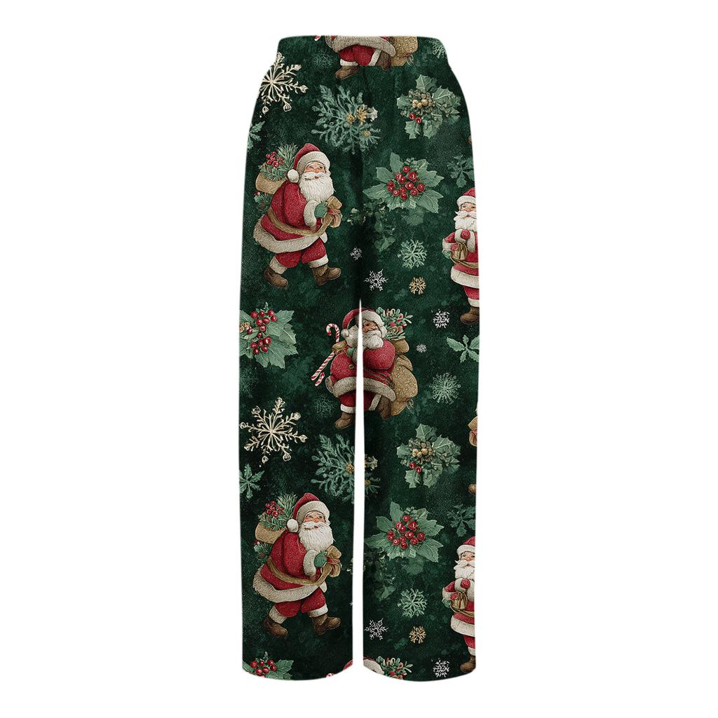 Ladies' Loose And Casual Christmas Printed Wide Leg Pants With Elastic Waistband Drawstring And Pocket Pants