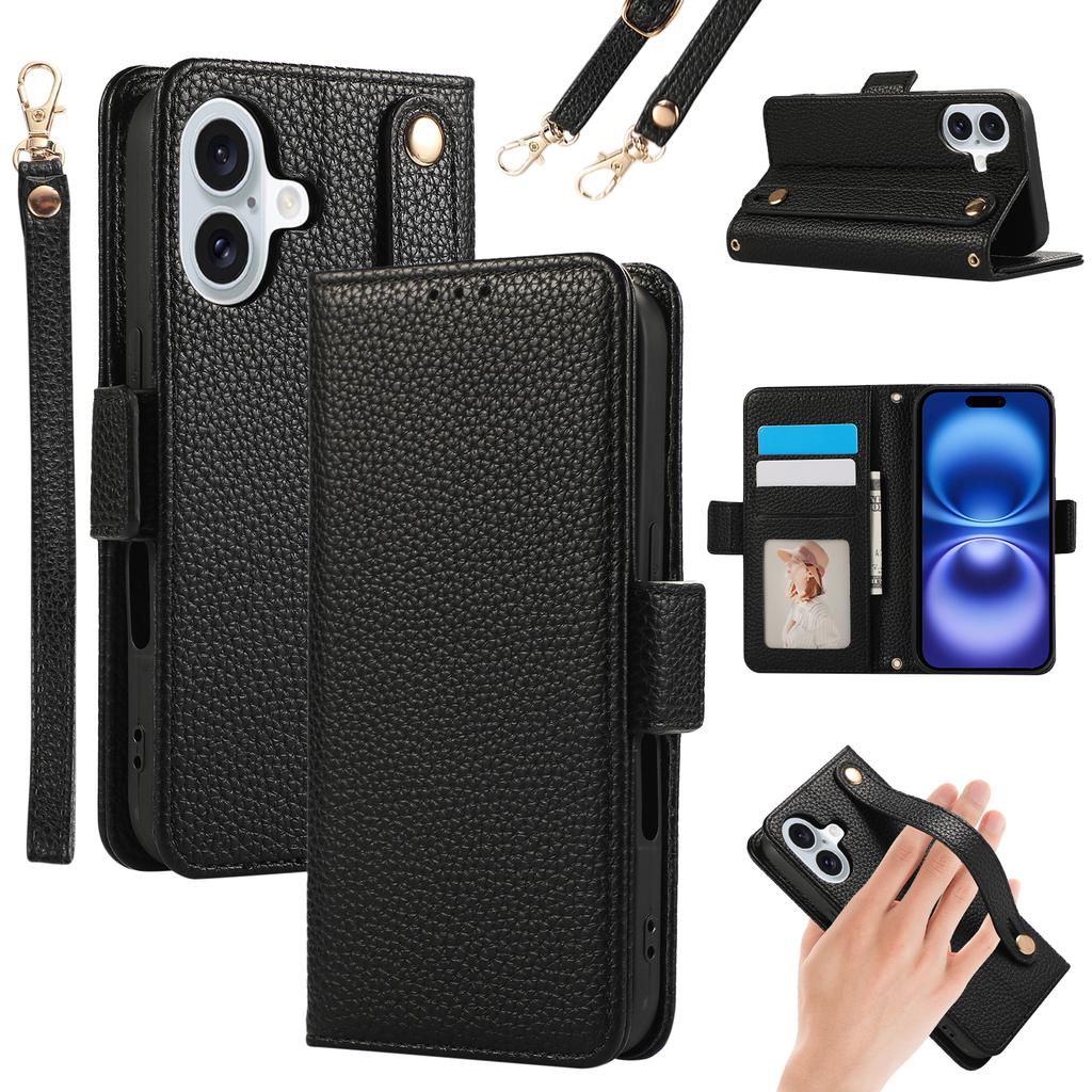 For iPhone 16 Plus Leather Case with Card Holder,Straps,Shockproof Wallet Phone Cover