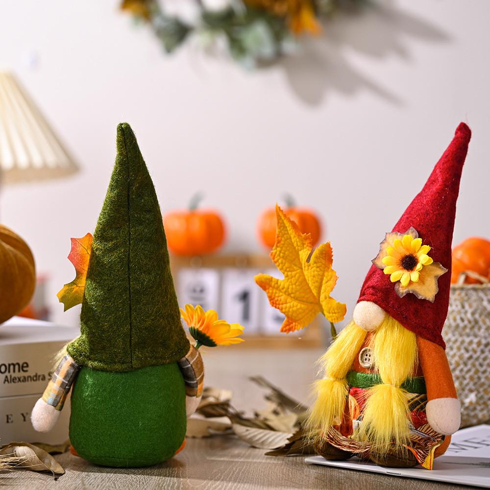 Plush Harvest Season Rudolf Gnome Figurine With Colorful Maple Leaf Hat And Floral Accents