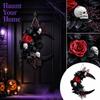 Halloween Wreath with Black Artificial Maple Leaves and Colorful Flowers Front Door Hanging Decor for Holiday
