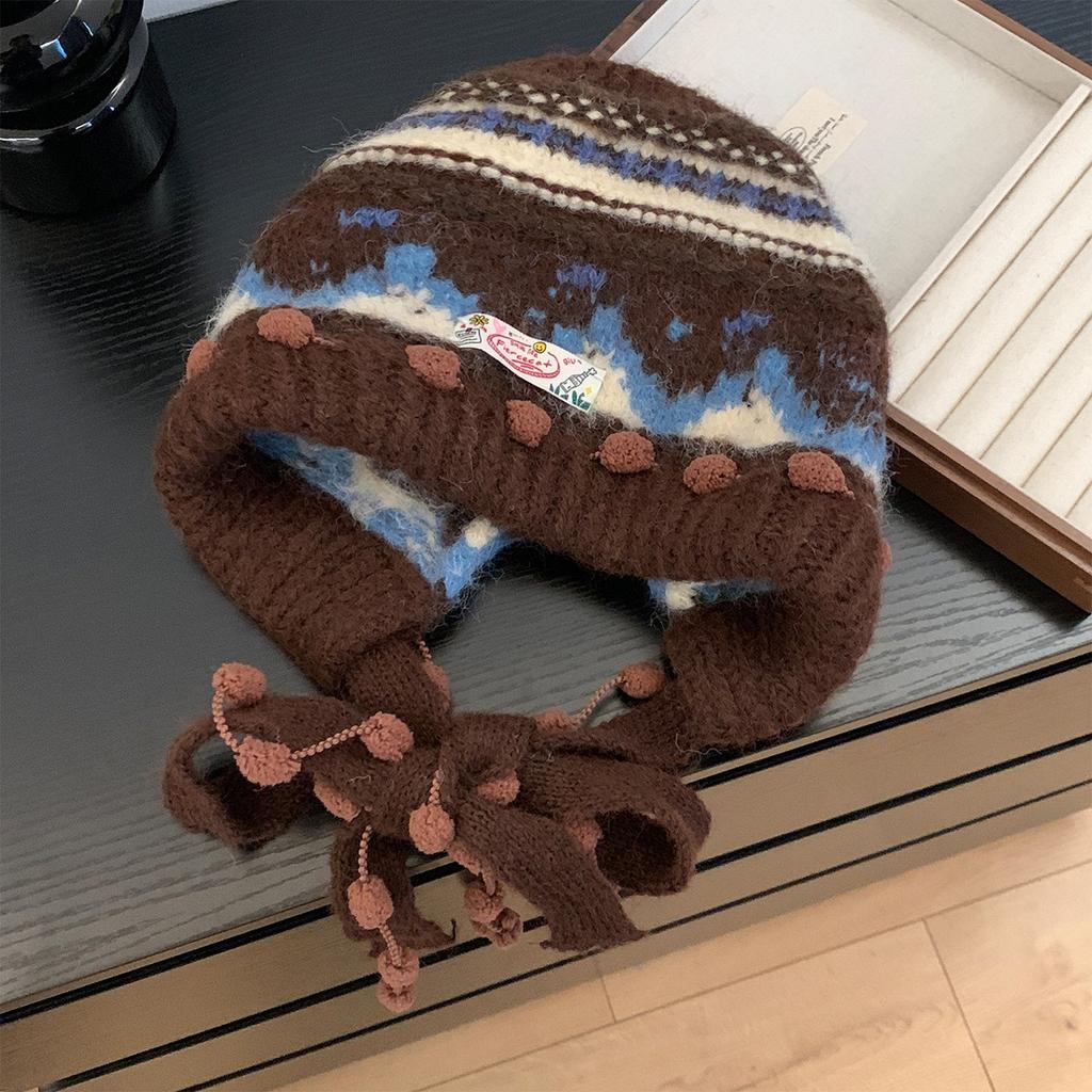 Fair Island retro knitted balaclava hat women's autumn and winter face small balaclava hat thickened warm ear protection hat
