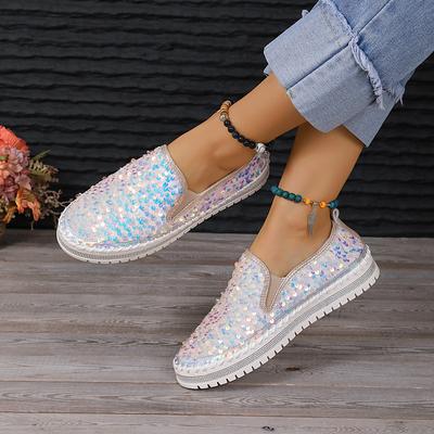 Damen Übergröße Frühling Runde Spitze Flach Pailletten Farbblock Freizeit Schuhe