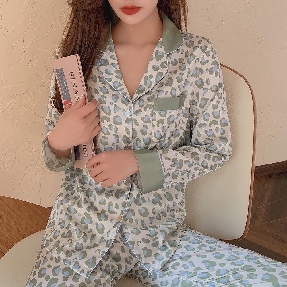 Women's Green Leopard Print Silk Pajama Set - Long Sleeve & Pants - Lightweight Satin for Autumn & Spring