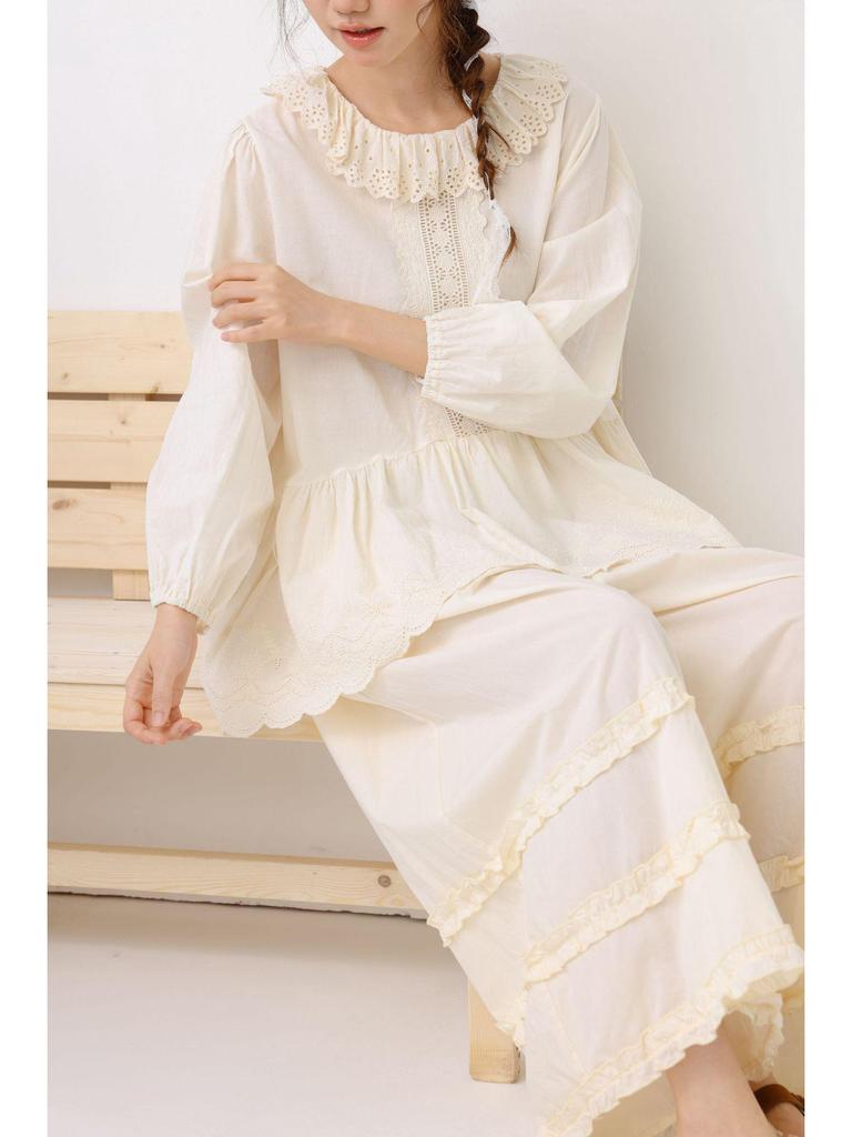 2026 New Style Women's Pure Cotton Long Sleeve Doll Shirt with Lace Collar and Heavy Embroidery