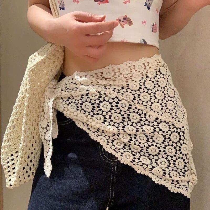 Women Hollow Out Lace Triangle Scarf Skirt Stylish Mini Hip Curtain Bohemian Head Wrap for Vacation Festivals Summer