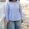 Women Casual Lapel Collar Long Sleeve Lace Hem Striped Buttons Loose Ruffled Blouse
