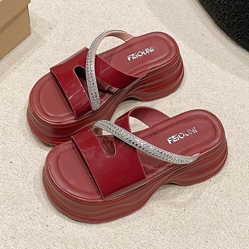 

Весна новая мода верхняя одежда стразы танкетка маффин толстая подошва удобные повседневные Бобо крутые тапочки 39 бордовый